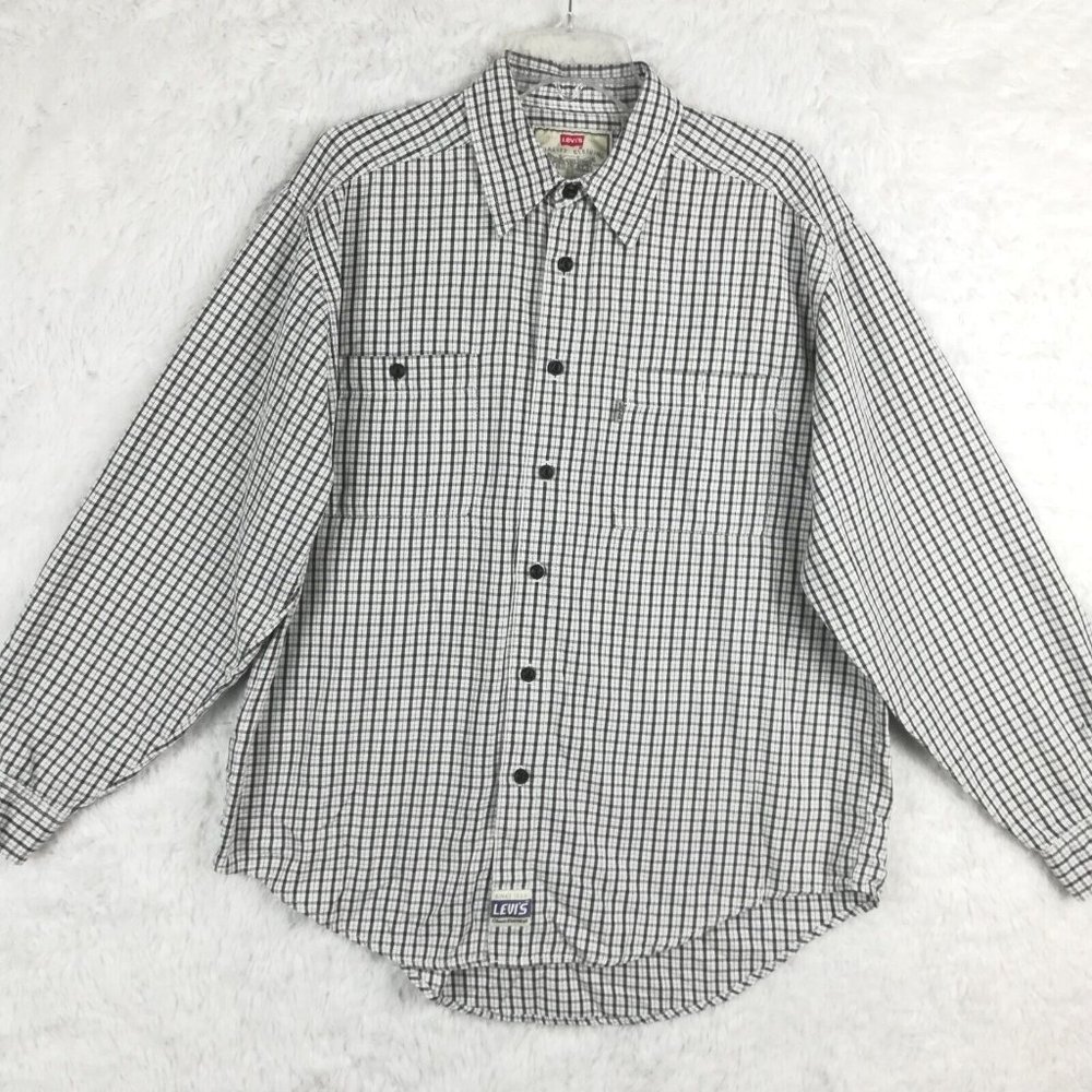 Vintage Levi's Mens Shirt Button Down Black‎ White Tattersall 90's Long Sleeve L